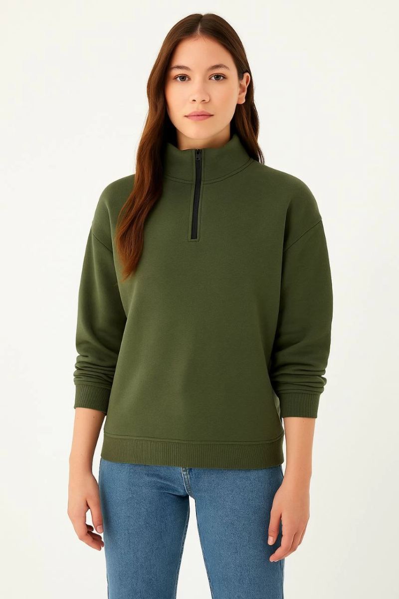 Kadın 3 iplik Dık Yaka Yarım Fermuarlı SweatShirt - Haki