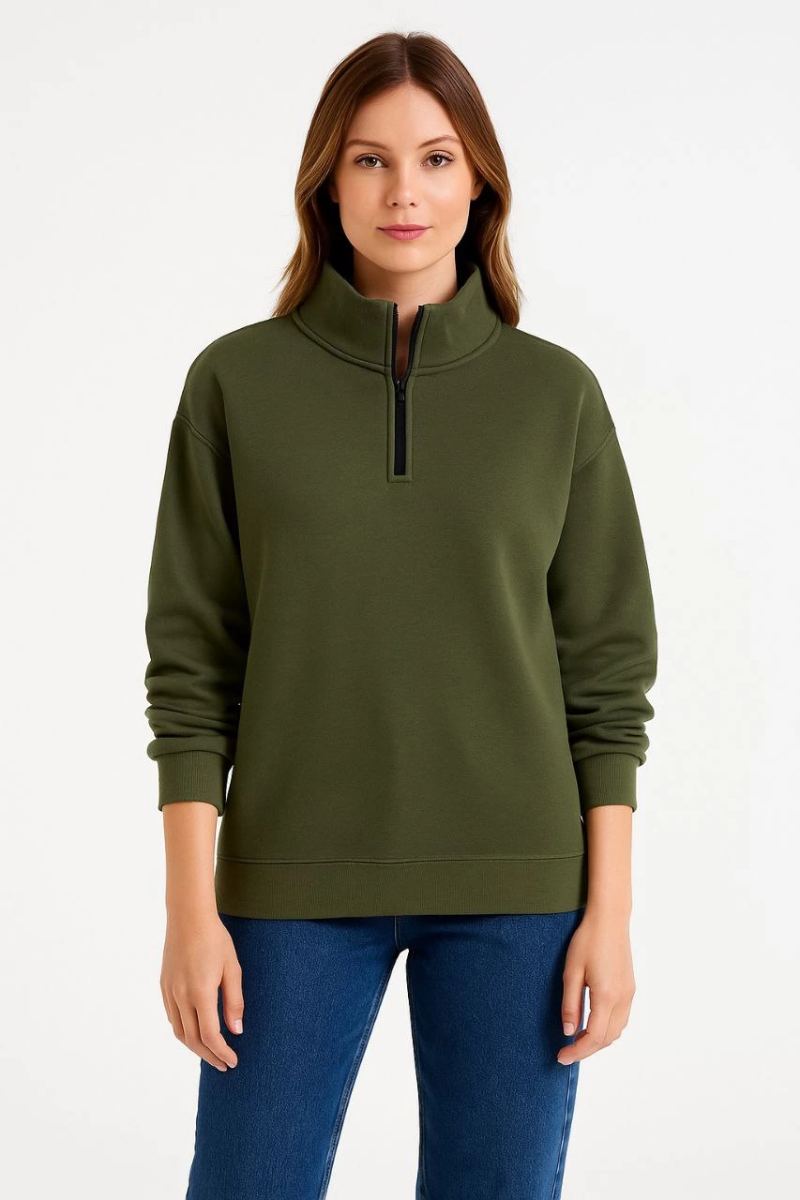 Kadın 3 iplik Dık Yaka Yarım Fermuarlı SweatShirt - Haki