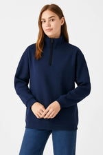 Kadın 3 İplik Pamuklu Dık Yaka Yarım Fermuarlı SweatShirt - Lacivert