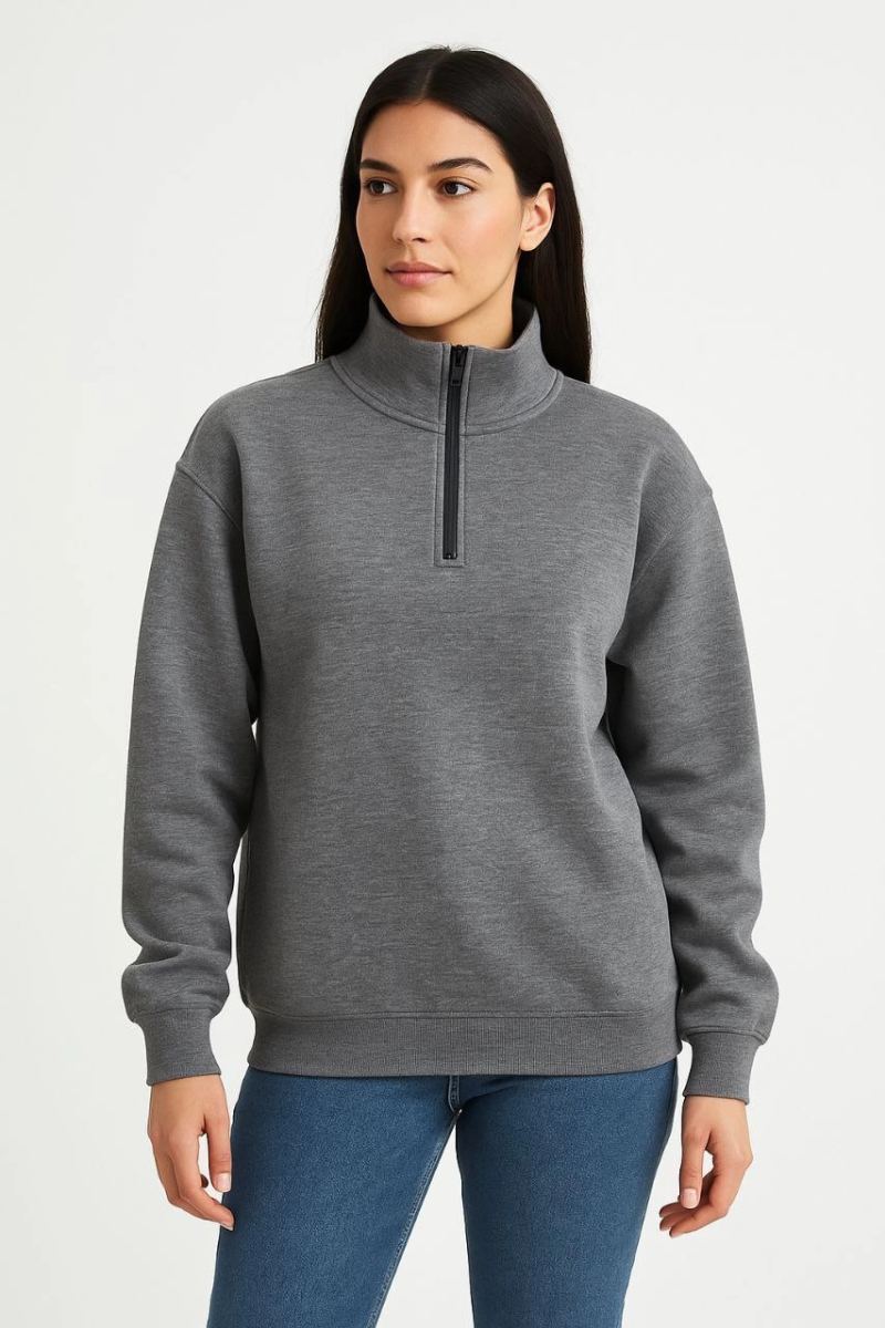 Kadın 3 İplik Pamuklu Dık Yaka Yarım Fermuarlı SweatShirt - Antrasit
