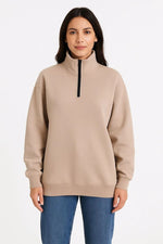 Kadın 3 İplik Dık Yaka Yarım Fermuarlı SweatShirt - Bej