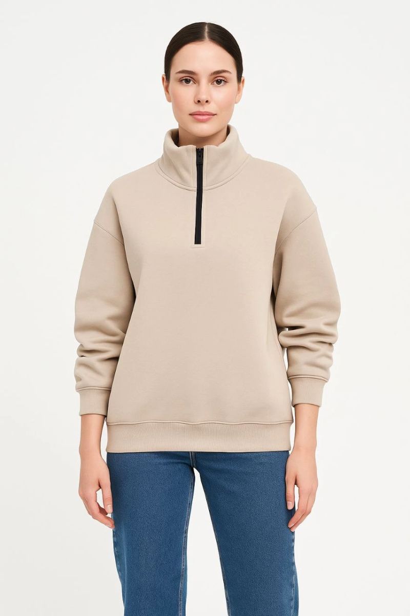 Kadın 3 İplik Dık Yaka Yarım Fermuarlı SweatShirt - Bej
