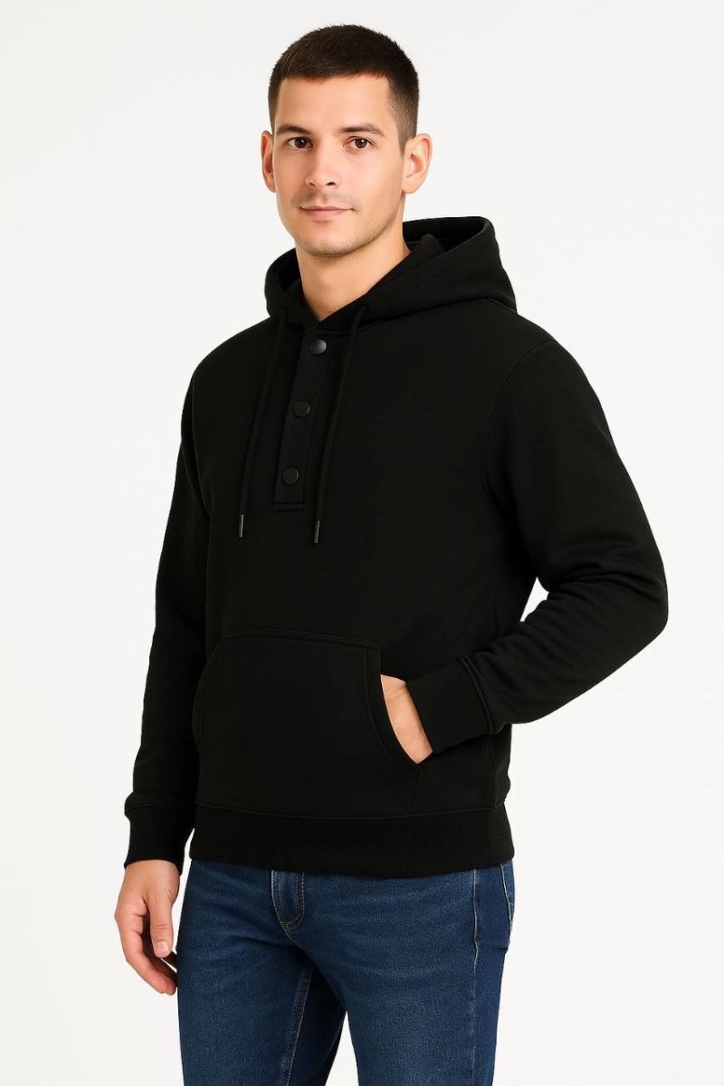 Erkek Kapüşonlu Hoodie Cepli Çıtçıtlı 3 İplik Pamuklu Sweatshirt - Siyah