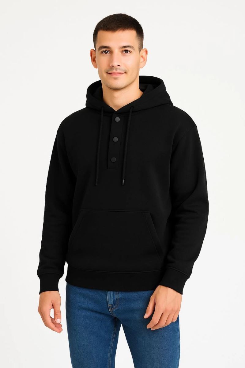 Erkek Kapüşonlu Hoodie Cepli Çıtçıtlı 3 İplik Pamuklu Sweatshirt - Siyah