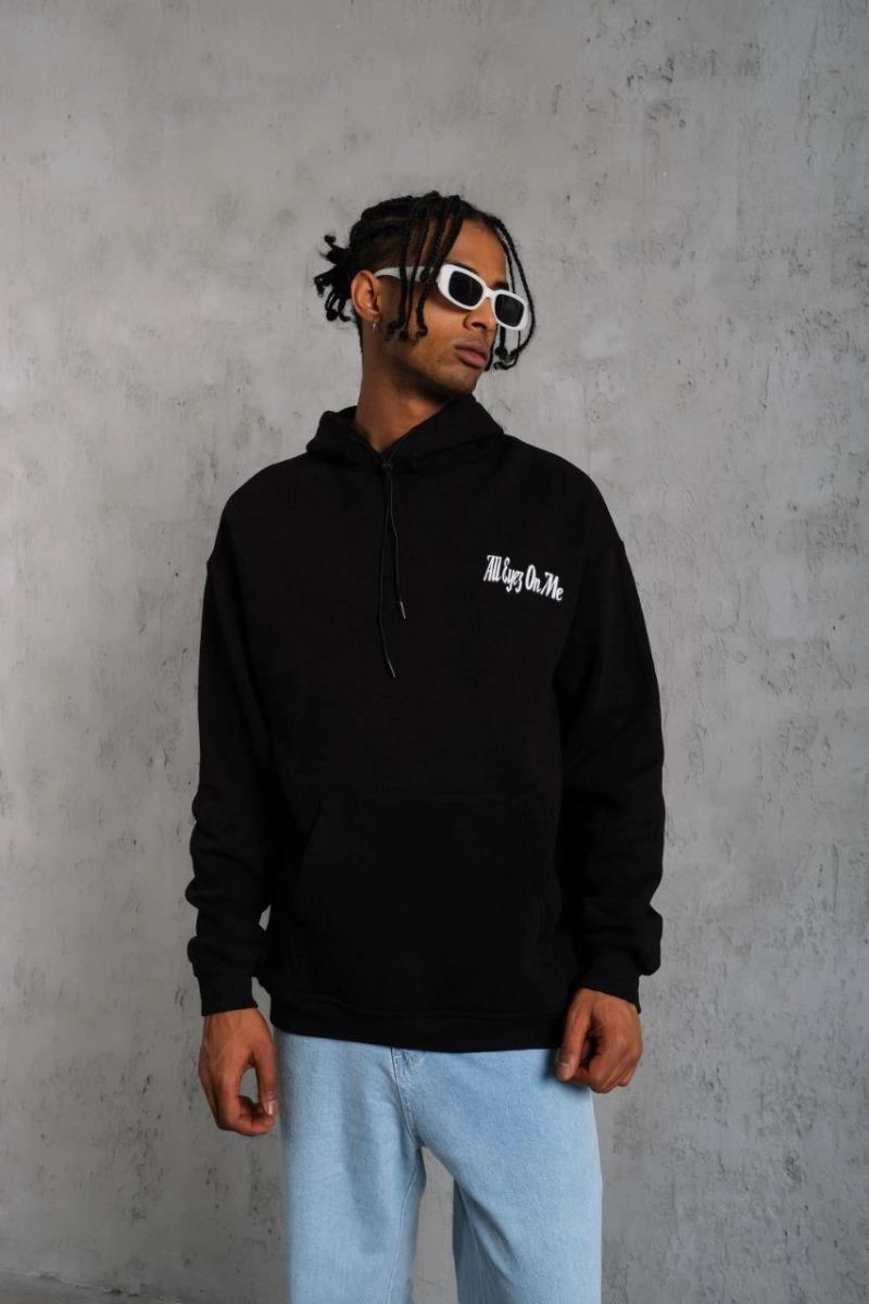 Erkek Kapüşonlu Kanguru Cepli Sweatshirt 3 İplik Pamuklu Baskılı Hoodie - Siyah