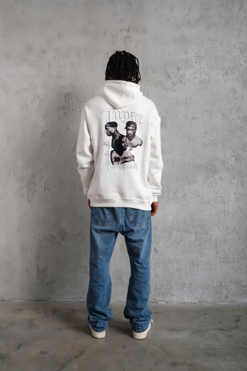 Erkek Kapüşonlu Kanguru Cepli Sweatshirt 3 İplik Pamuklu Baskılı Hoodie - Beyaz