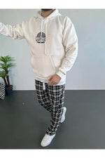 Erkek Kapüşonlu Kanguru Cepli Sweatshirt 3 İplik Pamuklu Baskılı Hoodie - Beyaz