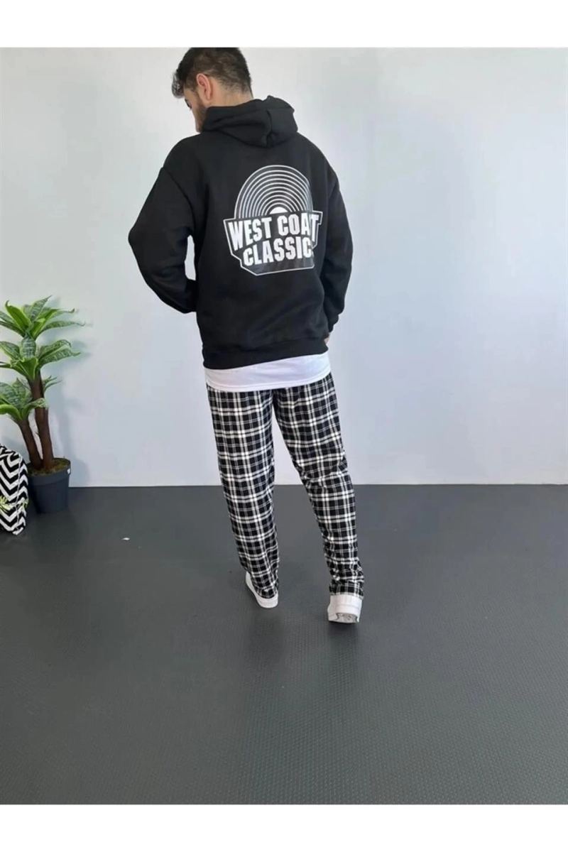 Erkek Kapüşonlu Kanguru Cepli Sweatshirt 3 İplik Pamuklu Baskılı Hoodie - Siyah