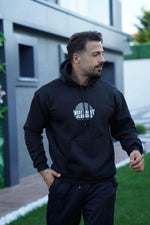 Erkek Kapüşonlu Kanguru Cepli Sweatshirt 3 İplik Pamuklu Baskılı Hoodie - Siyah
