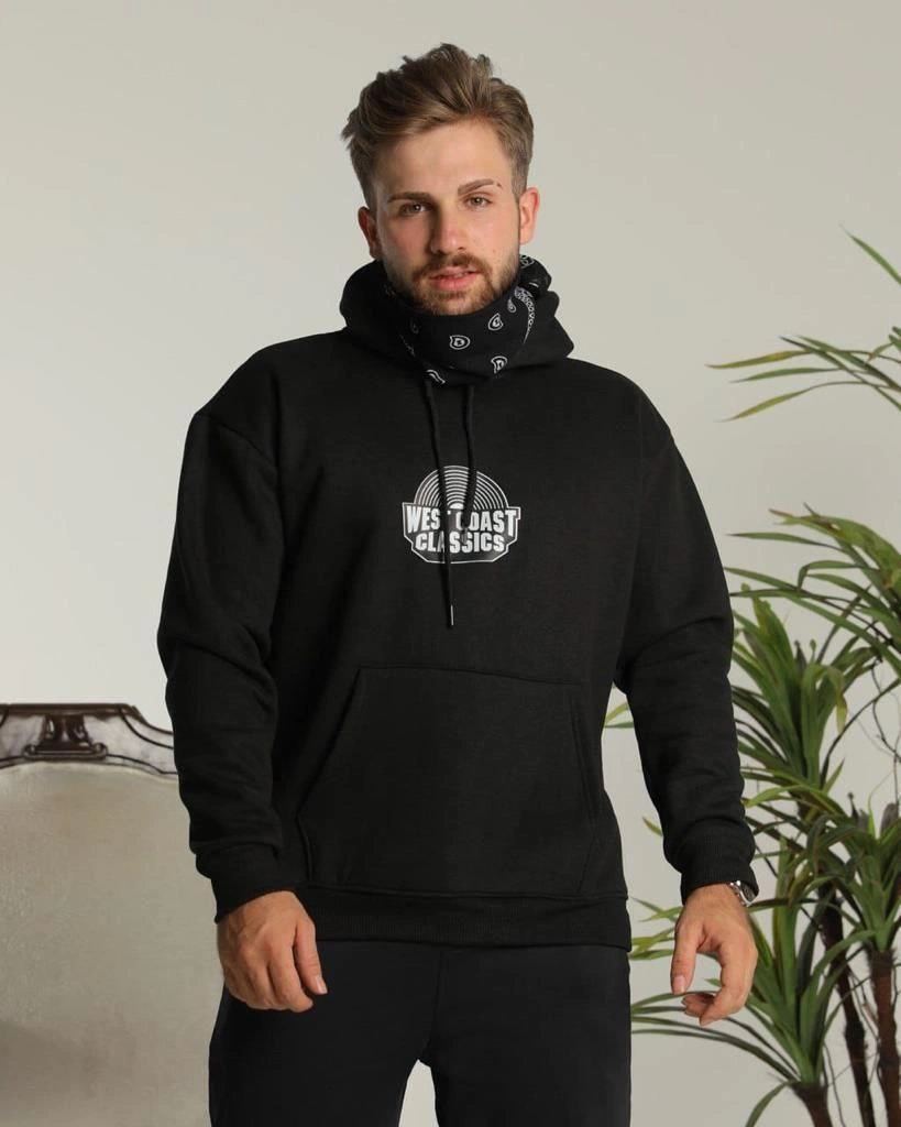 Erkek Kapüşonlu Kanguru Cepli Sweatshirt 3 İplik Pamuklu Baskılı Hoodie - Siyah