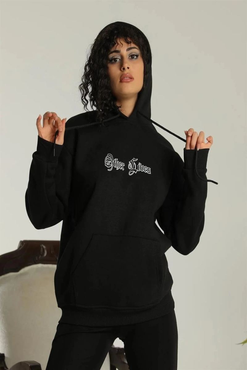 Kadın Oversize Kapüşonlu Cepli Baskılı 3 İplik Pamuklu Hoodie Sweatshirt -  Siyah