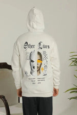 Erkek Kapüşonlu Kanguru Cepli Sweatshirt 3 İplik Pamuklu Baskılı Hoodie - Beyaz