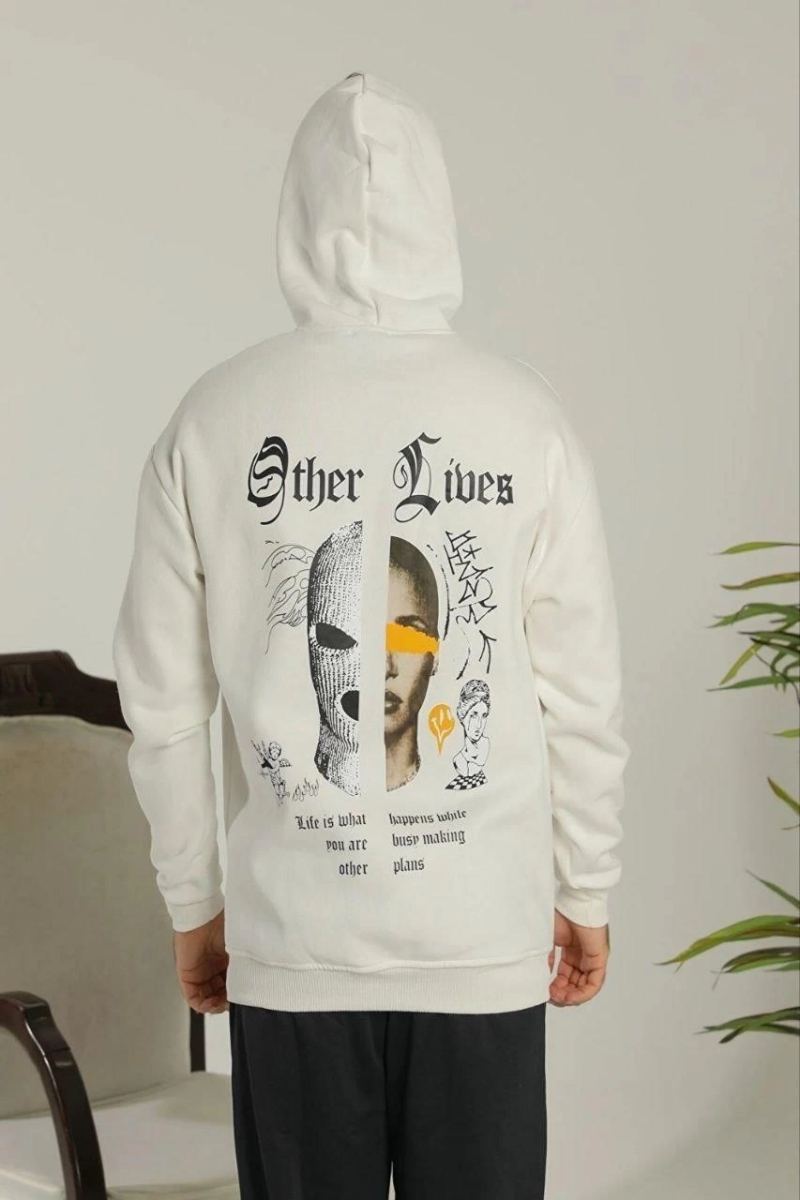 Erkek Kapüşonlu Kanguru Cepli Sweatshirt 3 İplik Pamuklu Baskılı Hoodie - Beyaz