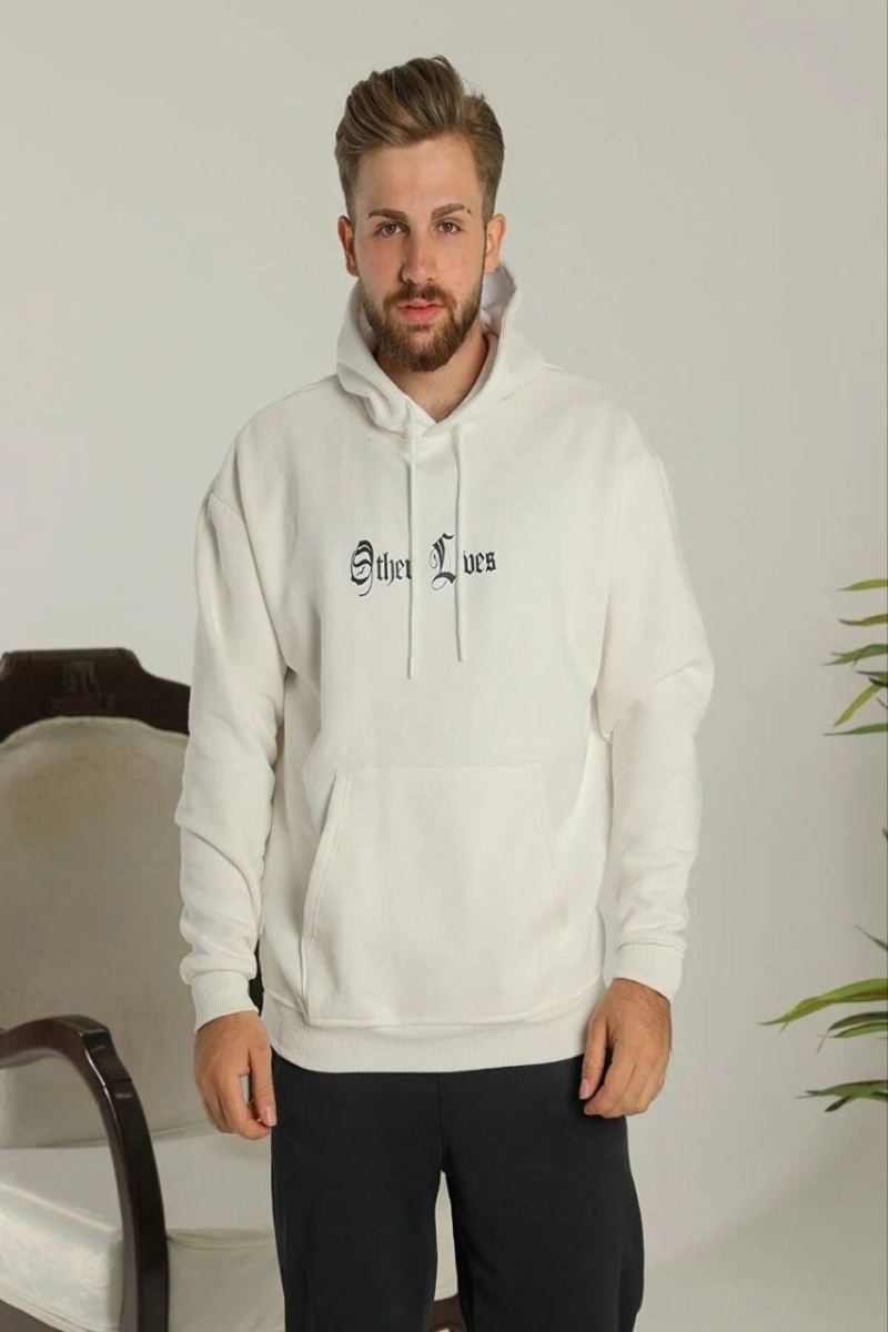 Erkek Kapüşonlu Kanguru Cepli Sweatshirt 3 İplik Pamuklu Baskılı Hoodie - Beyaz