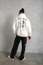 Erkek Kapüşonlu Kanguru Cepli Sweatshirt 3 İplik Pamuklu Baskılı Hoodie - Beyaz
