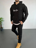 Erkek Kapüşonlu Kanguru Cepli Sweatshirt 3 İplik Pamuklu Baskılı Hoodie - Siyah