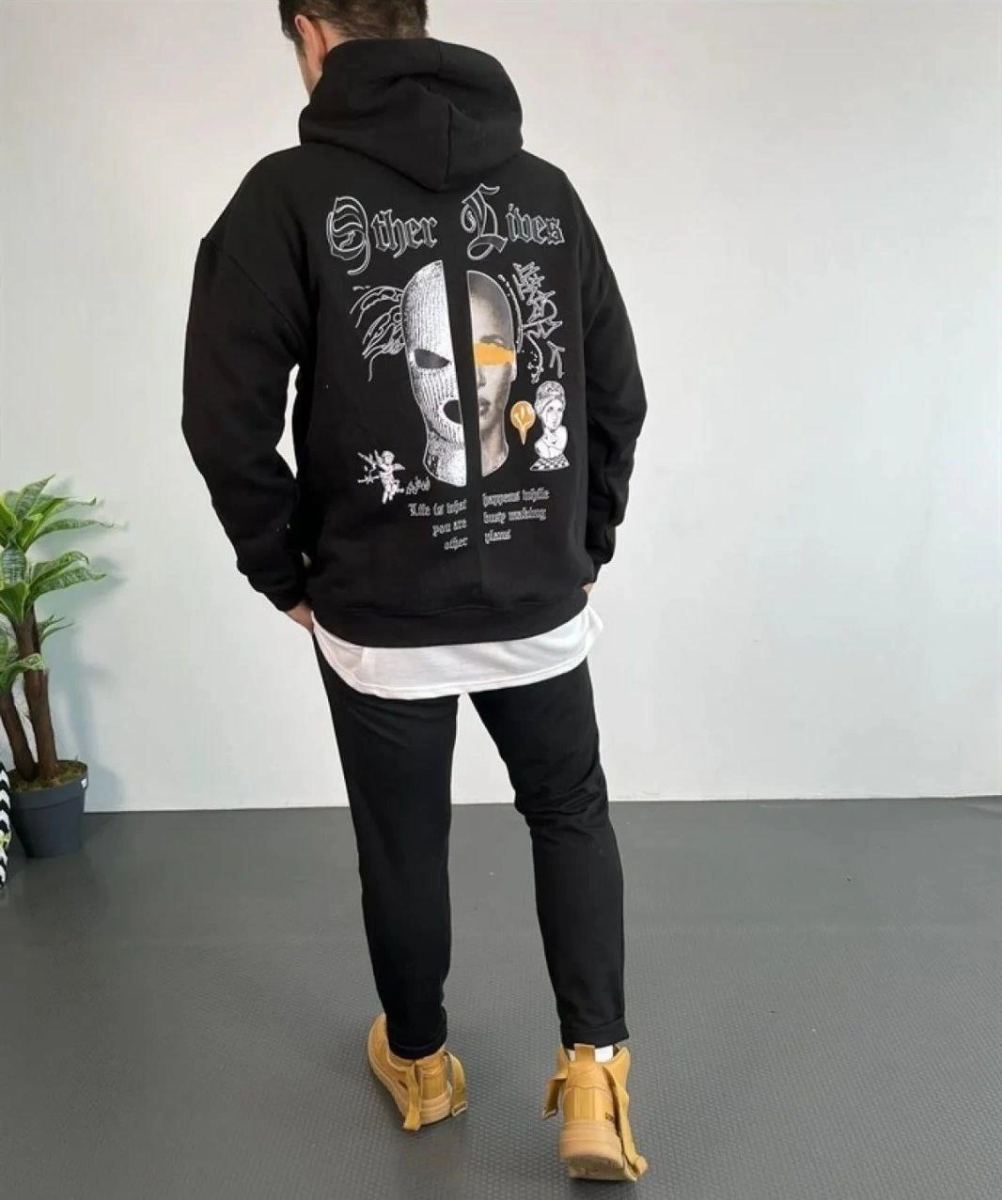 Erkek Kapüşonlu Kanguru Cepli Sweatshirt 3 İplik Pamuklu Baskılı Hoodie - Siyah