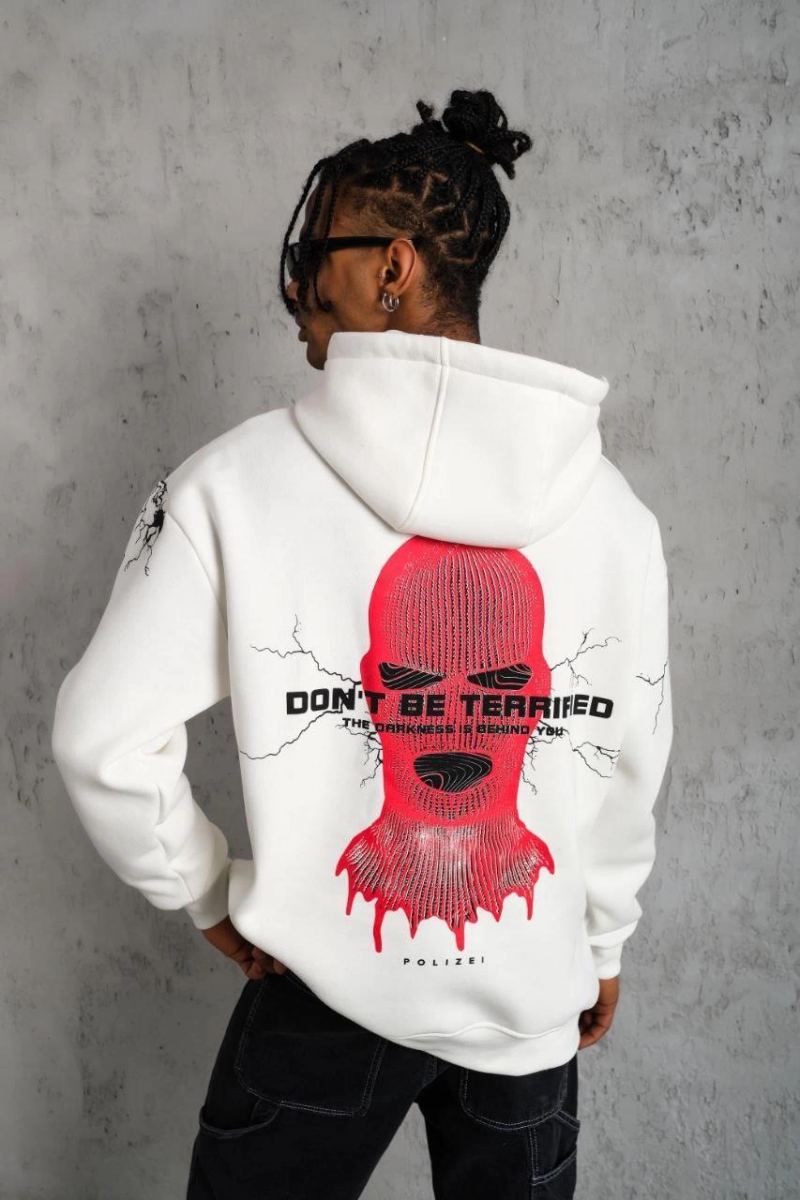 Erkek Kapüşonlu Kanguru Cepli Sweatshirt 3 İplik Pamuklu Baskılı Hoodie -  Beyaz