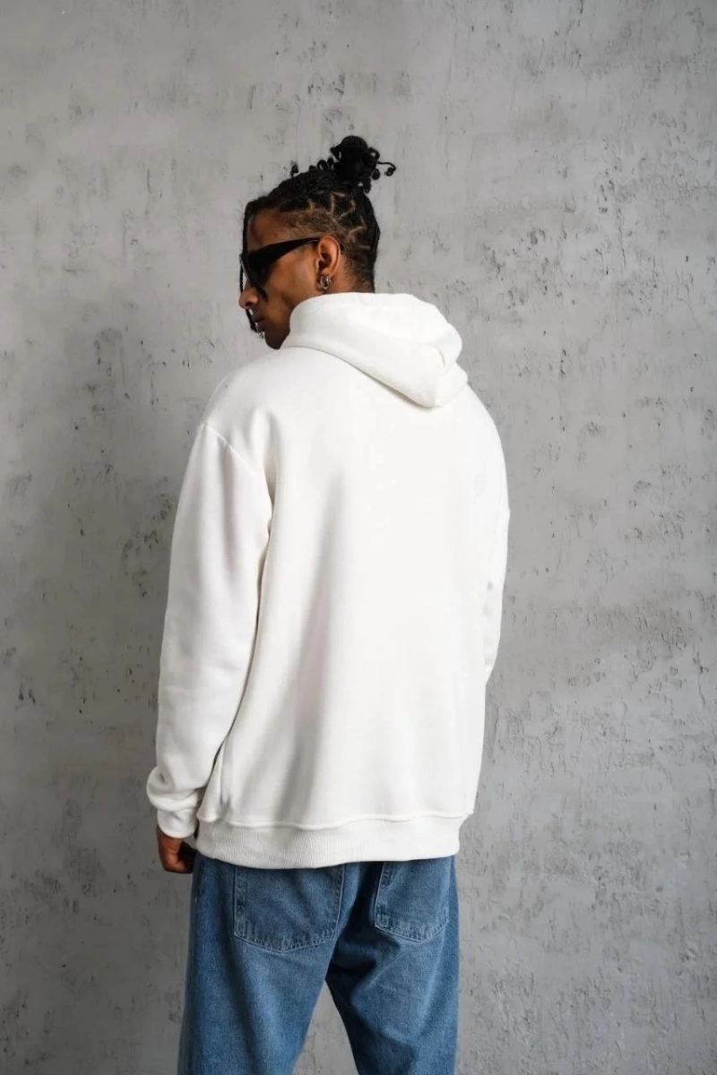 Erkek Kapüşonlu Kanguru Cepli Sweatshirt 3 İplik Pamuklu Baskılı Hoodie - Beyaz