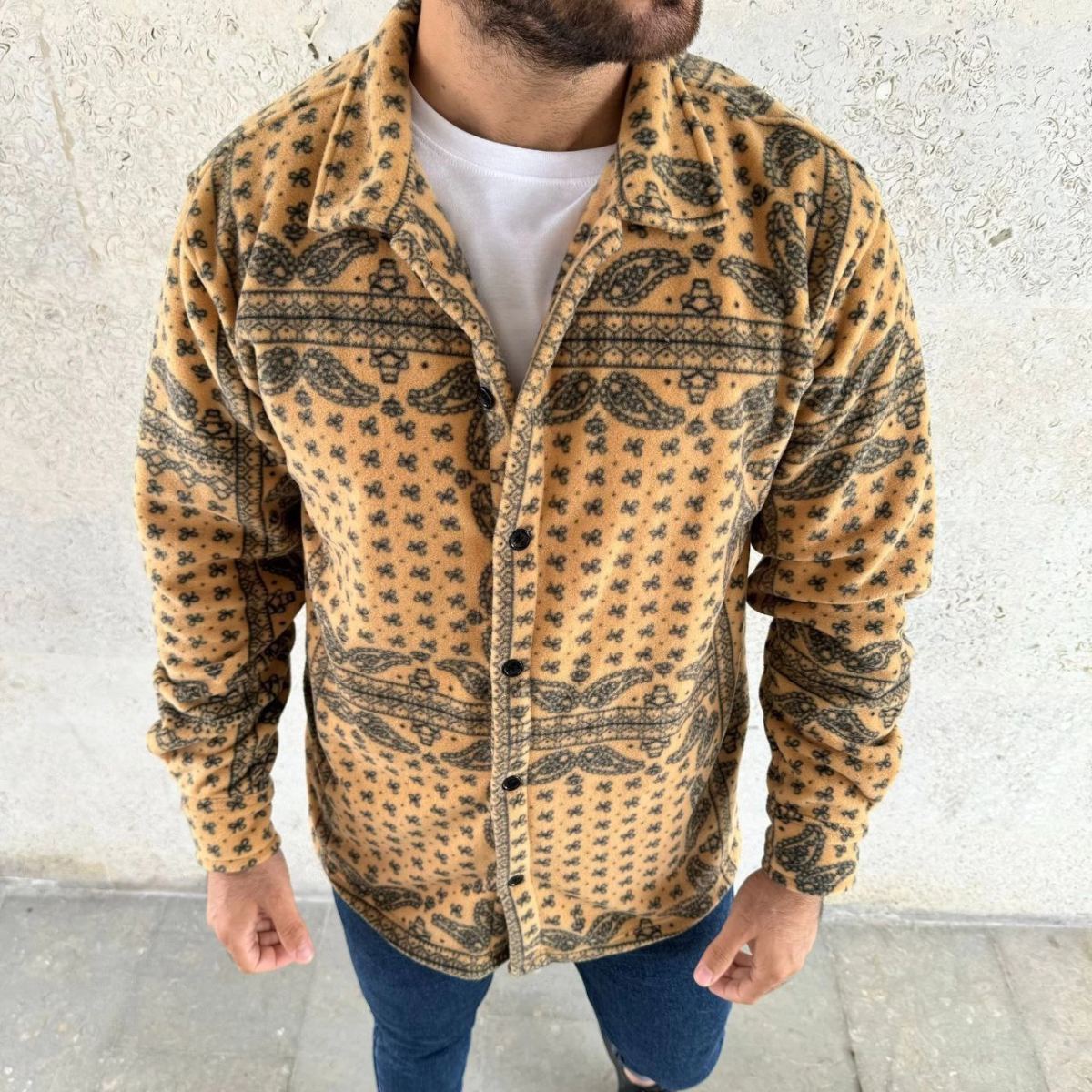 Erkek Düğmeli Gömlek Polar Sweatshirt Yumuşak Dokulu Oversize Kalıp -Sarı