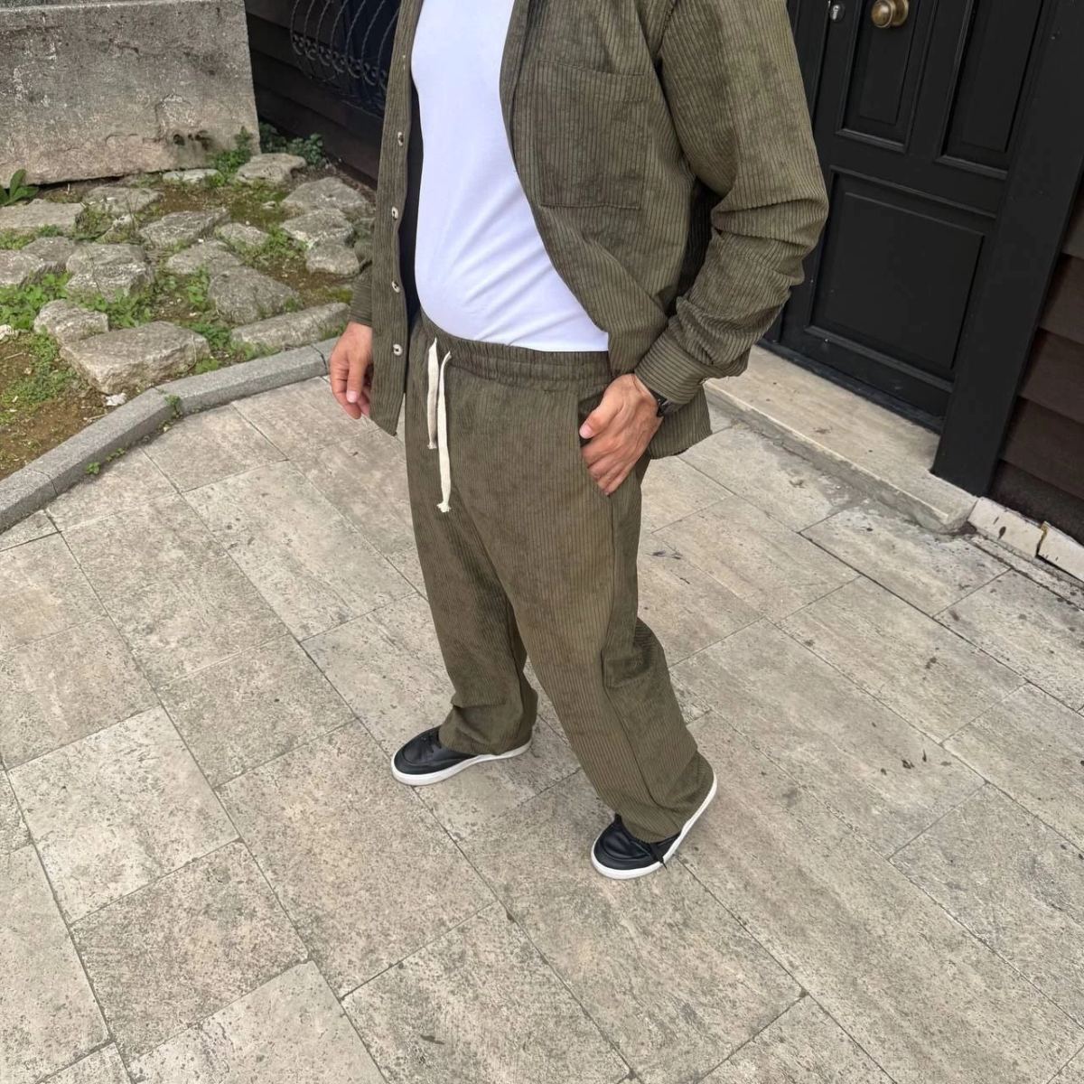 Erkek Fitilli Kadife Cepli Buggy Pantolon Oversize Rahat Kalıp - Haki
