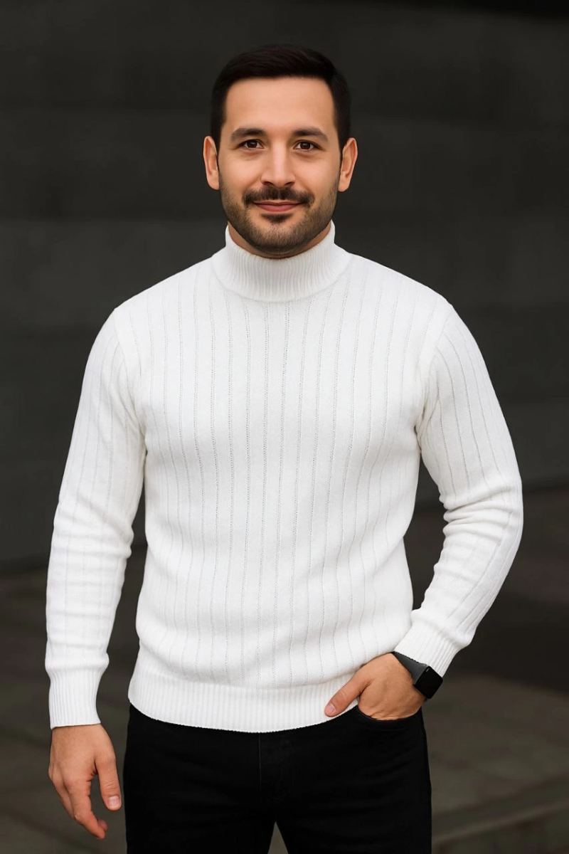 Erkek Tam Boğazlı Balıkçı Yaka Triko Kazak Kalın Fitilli - Beyaz