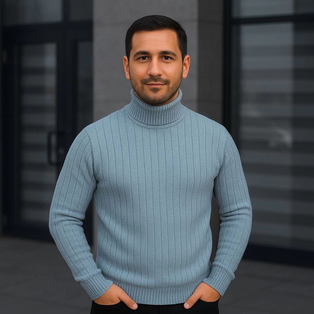 Erkek Tam Boğazlı Balıkçı Yaka Triko Kazak Kalın Fitilli - Bebek Mavisi