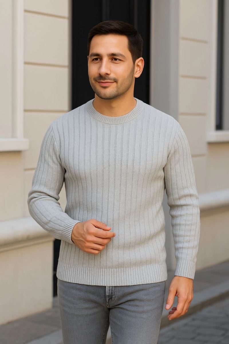 Erkek Bisiklet Yaka Triko Kazak Pamuklu Kalın Fitilli Dokuma Regular Fit - Gri
