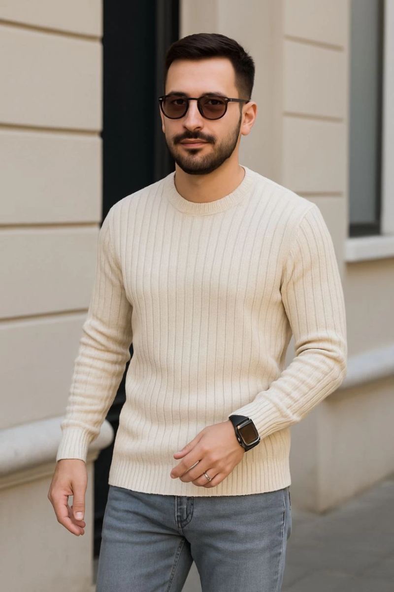 Erkek Bisiklet Yaka Triko Kazak Pamuklu Kalın Fitilli Dokuma Regular Fit - Bej