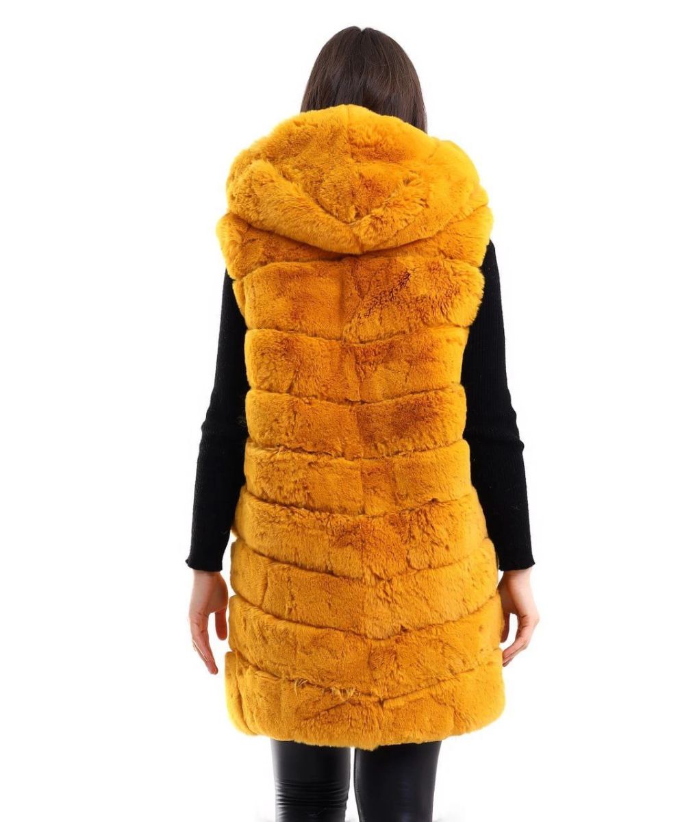 Kadın Kapüşonlu Peluş Kürk Yelek Premium Kalite Tam Astarlı Uzun Model - Sarı