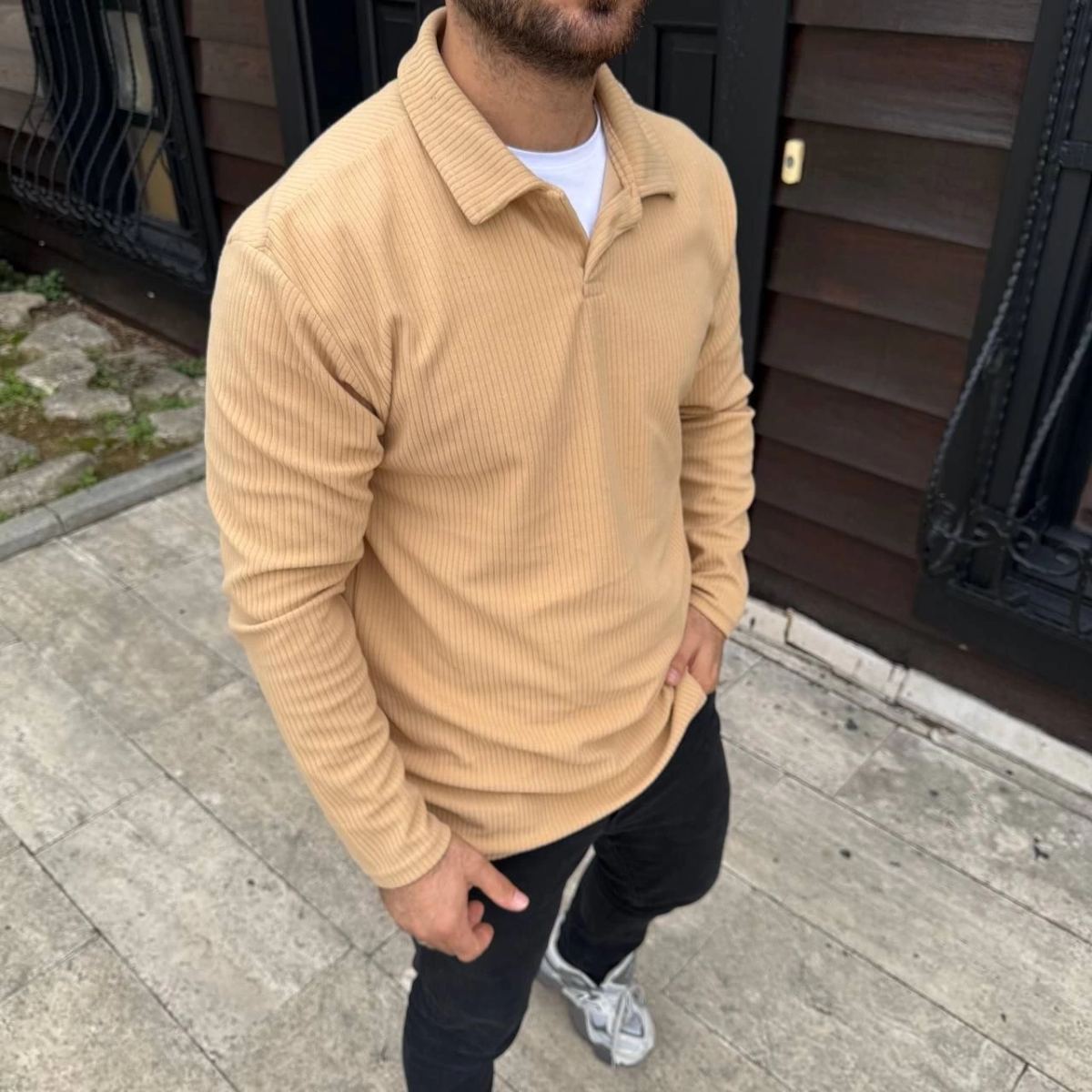 Erkek Fitilli Polar Sweatshirt Düğmesiz Yaka Oversize - Bej