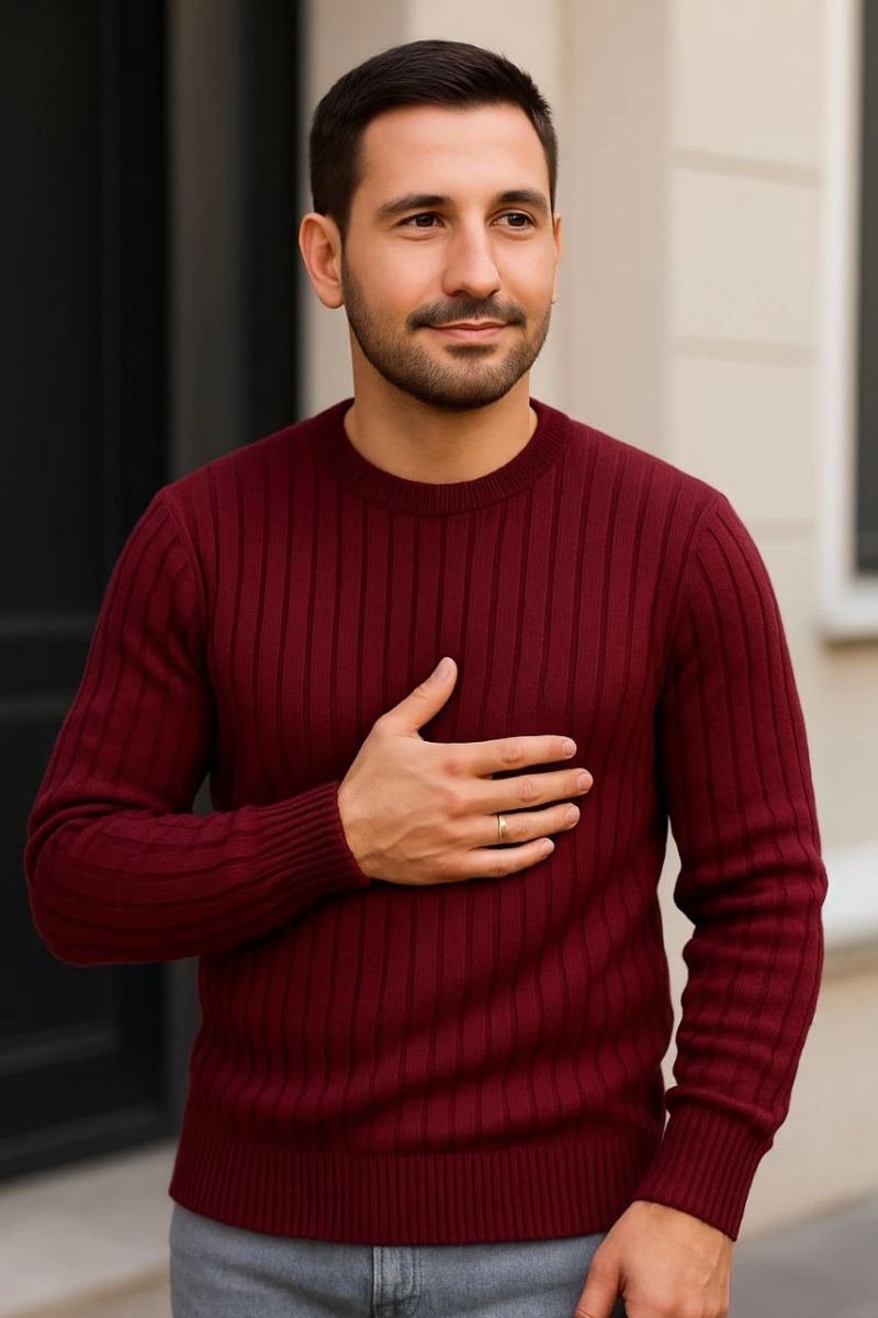 Erkek Fitilli Triko Bisiklet Yaka Kalın Kazak 3'lü Set Beyaz-Bordo-Siyah