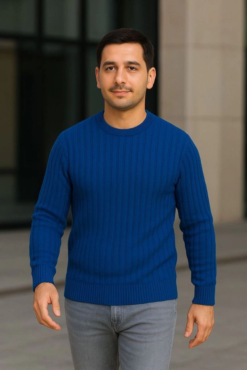 Erkek Fitilli Triko Bisiklet Yaka Kalın Kazak 3'lü Set Beyaz-Saks Mavisi-Siyah