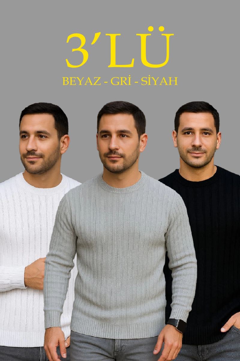 Erkek Fitilli Triko Bisiklet Yaka Kalın Kazak 3'lü Set Beyaz-Gri-Siyah