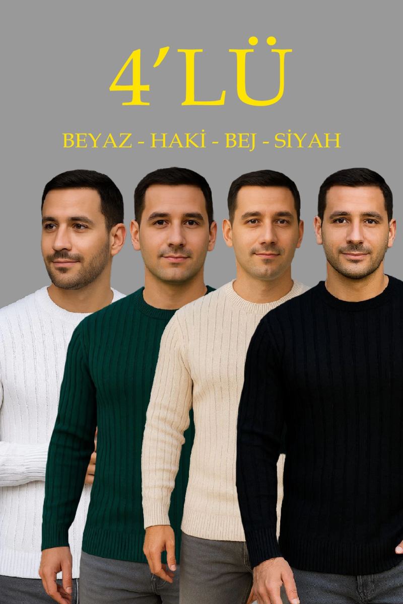 Erkek Fitilli Triko Bisiklet Yaka Kalın Kazak 4'lü Set Beyaz-Haki-Bej-Siyah
