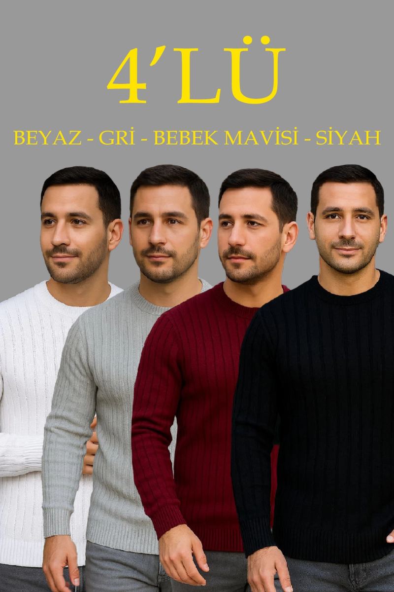 Erkek Fitilli Triko Bisiklet Yaka Kalın Kazak 4'lü Set Beyaz-Bordo-Gri-Siyah