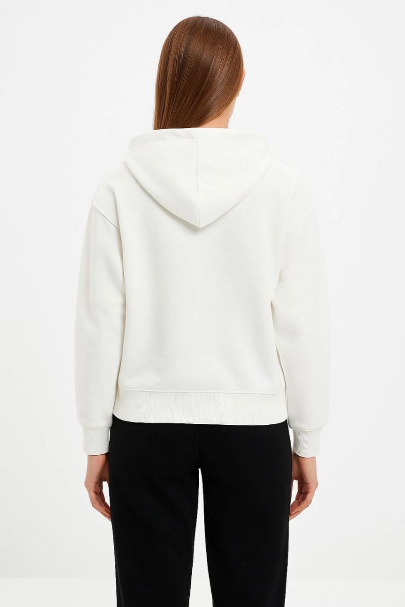 Kadın Kapüşonlu 3 İplik Pamuklu Önü Baskılı Fermuarlı Oversize Hoodie Sweatshirt - Beyaz