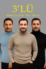 Erkek Fitilli Kazak Tam Boğazlı Balıkçı Yaka Triko 3'lü Set Bebek Mavisi-Bej-Siyah