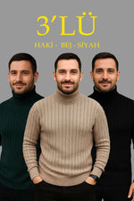 Erkek Fitilli Kazak Tam Boğazlı Balıkçı Yaka Triko 3'lü Set  Bej-Haki-Siyah