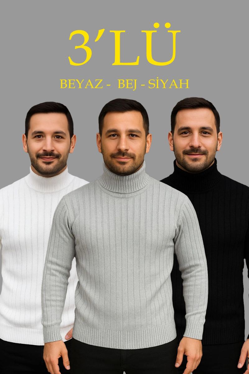 Erkek Fitilli Kazak Tam Boğazlı Balıkçı Yaka Triko 3'lü Set Beyaz-Gri-Siyah