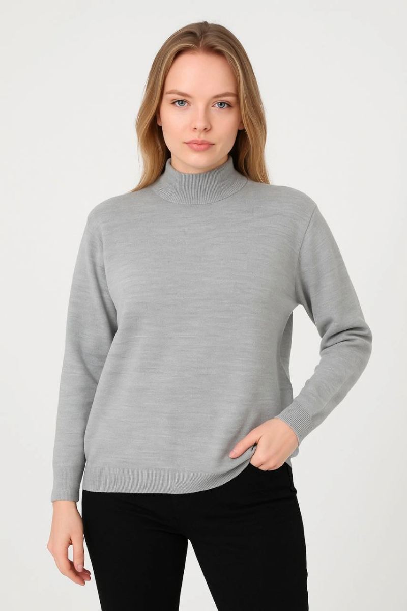 Kadın Yarım Boğaz Triko Yumuşak Dokulu Pamuklu Uzun Kollu Kazak -  Gri