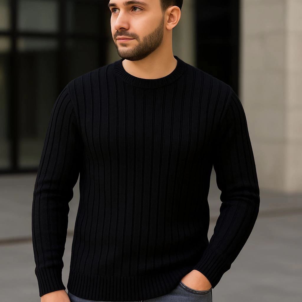 Erkek Fitilli Triko Kazak 2’li Set Bej Beyaz Kalın Dokuma Pamuklu Regular Fit Bisiklet