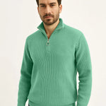 Erkek Fitilli Triko Kazak 2’li Set Mint Yeşili Siyah Kalın Dokuma Pamuklu Regular Fit V