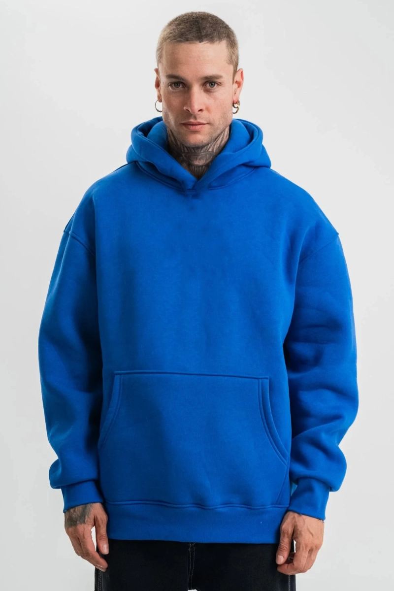 Erkek Oversize 3 İplik Pamuklu Kapüşonlu Kanguru Cepli Hoodie Sweatshirt - Saks Mavisi
