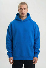 Erkek Baskılı Kapüşonlu Cepli Hoodie 3 İplik Pamuklu Sweatshirt - Saks Mavisi