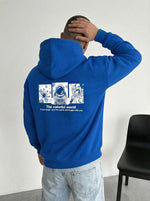 Erkek Baskılı Kapüşonlu Cepli Hoodie 3 İplik Pamuklu Sweatshirt - Saks Mavisi