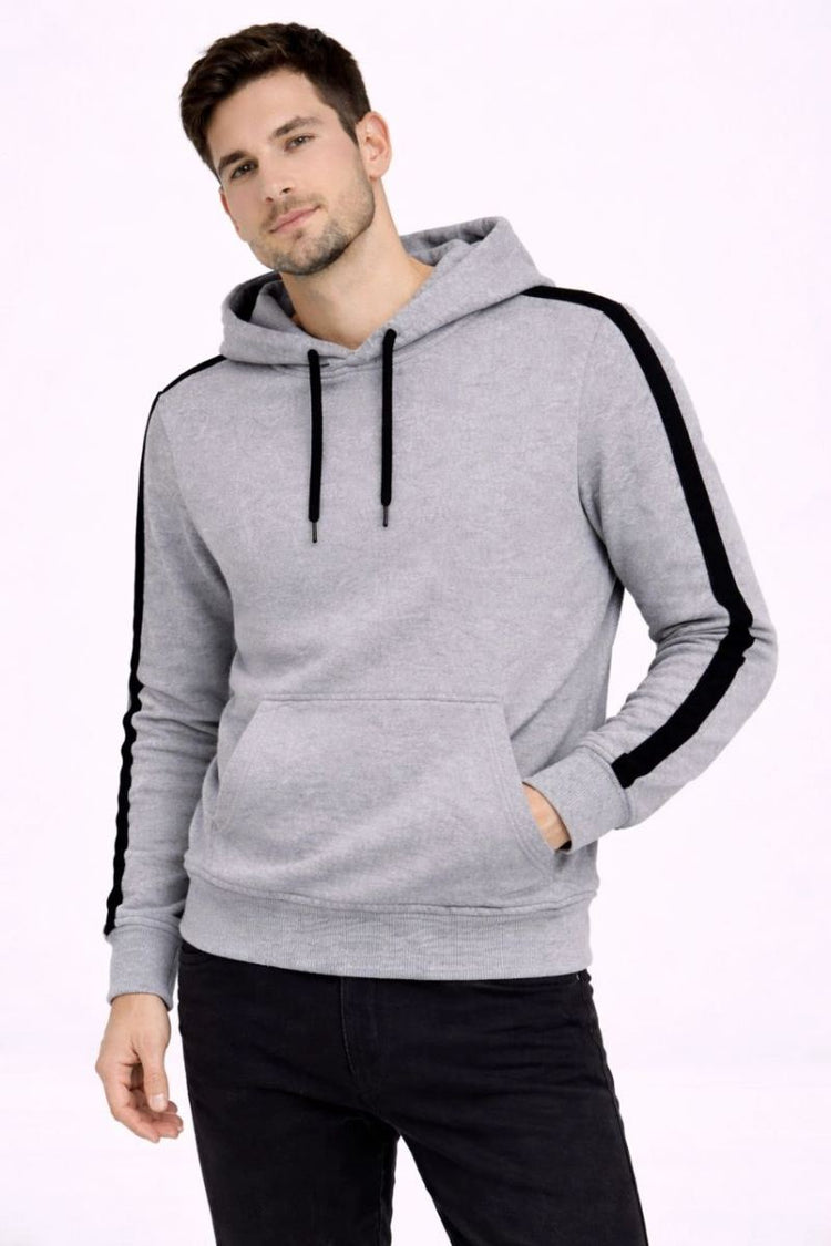 Erkek Şeritli Kapüşonlu Sweatshirt Oversize 3 iplik Pamuklu Hoodie - Gri