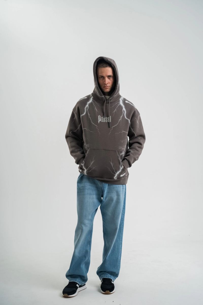 Erkek Baskılı Kapüşonlu Oversize 3 İplik Pamuklu SweatShirt Hoodie - Füme