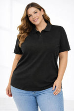 Kadın Battal Beden Tişört Polo Yaka Pike Kumaş Kısa Kol T-Shirt - Siyah