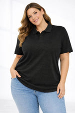 Kadın Battal Beden Tişört Polo Yaka Pike Kumaş Kısa Kol T-Shirt - Siyah